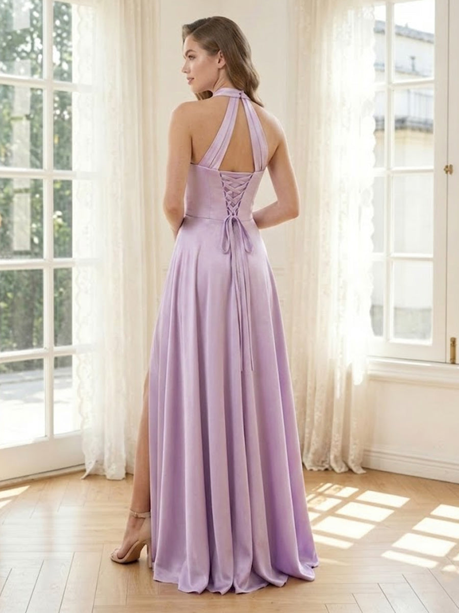 Satin Halter A Line Long Formal Dresses with Slit