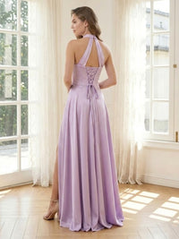 Satin Halter A Line Long Formal Dresses with Slit