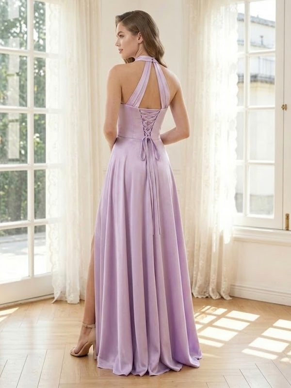 Satin Halter A Line Long Formal Dresses with Slit