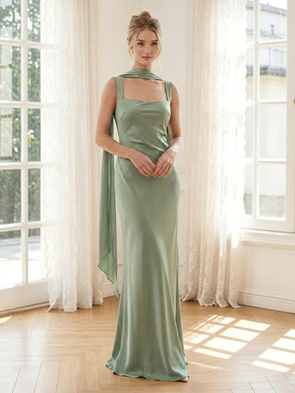 Satin Spaghetti Straps Mermaid Long Formal Dresses with Scarf