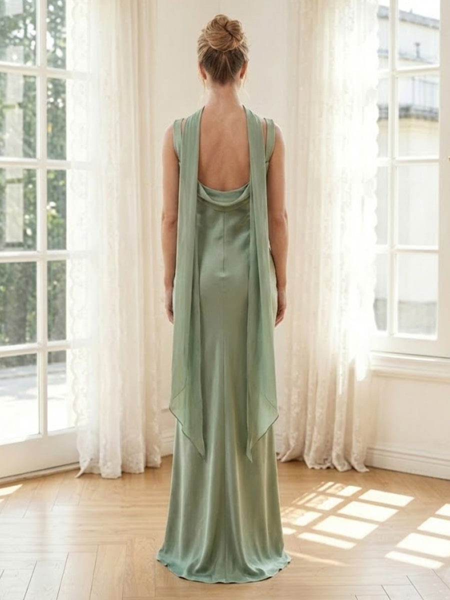 Satin Spaghetti Straps Mermaid Long Formal Dresses with Scarf