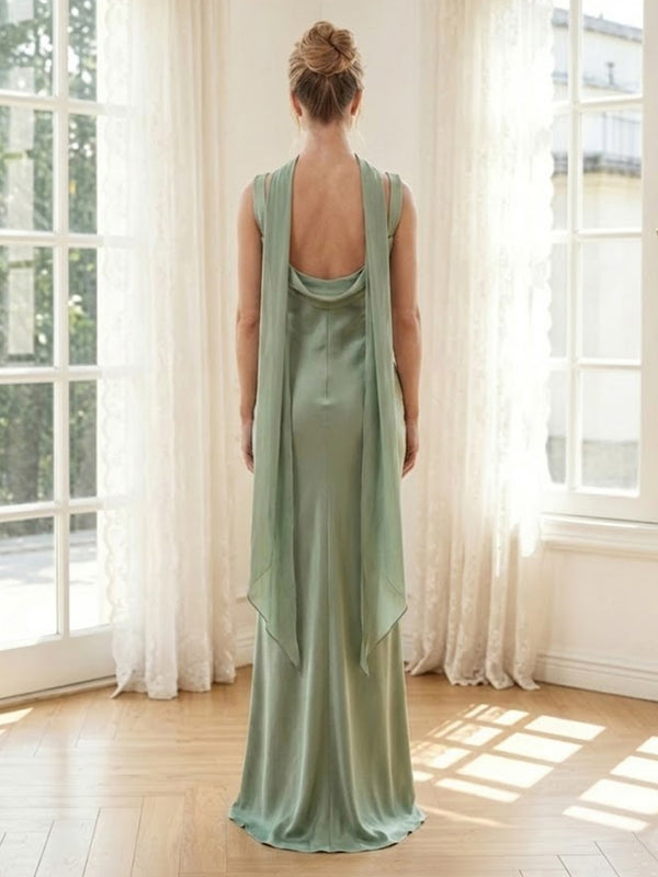 Satin Spaghetti Straps Mermaid Long Formal Dresses with Scarf
