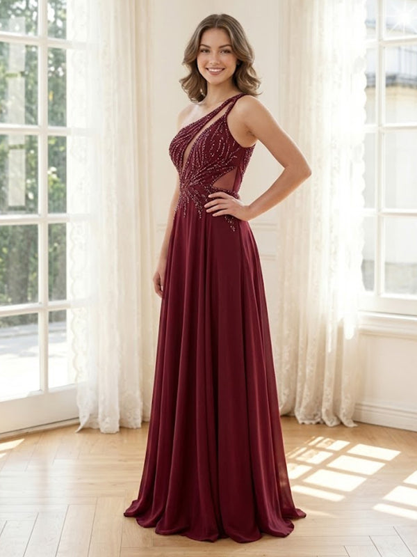 Sequin One Shoulder A Line Long Formal Dresses