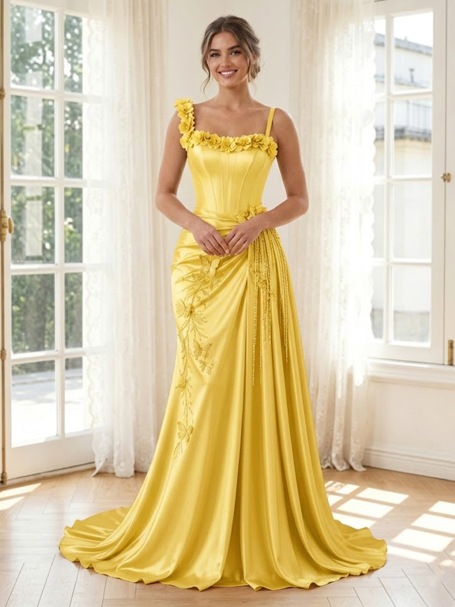 Satin Spaghetti Straps Mermaid Corset Long Formal Dresses
