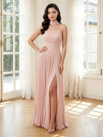 Chiffon A Line Strapless Pleated Long Formal Dresses with Scarf
