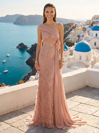 Lace Appliques Mermaid One Shoulder Long Formal Dresses with Flower