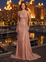 Lace Appliques Mermaid One Shoulder Long Evening Dresses with Flower