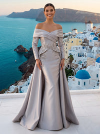 Satin Mermaid Off the Shoulder Long Sleeves Long Formal Dresses