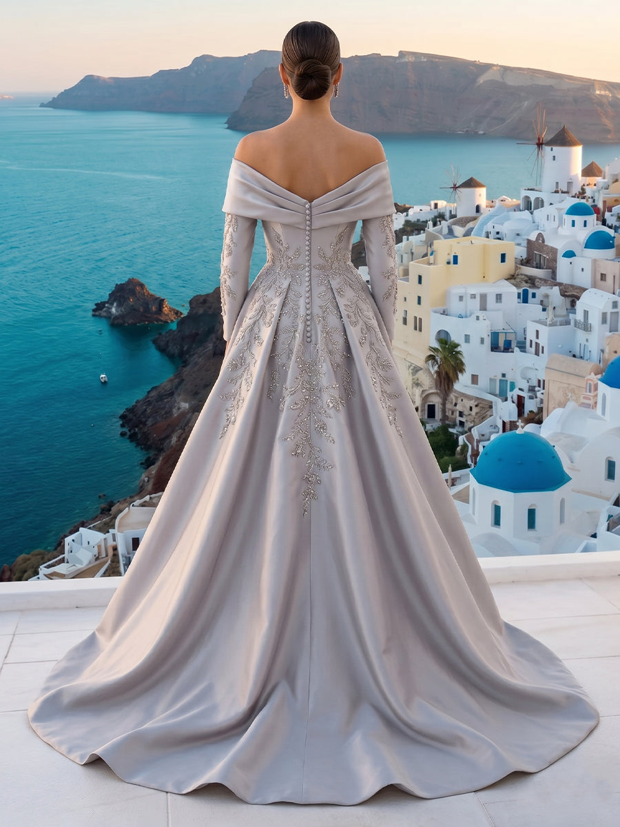 Satin Mermaid Off the Shoulder Long Sleeves Long Formal Dresses