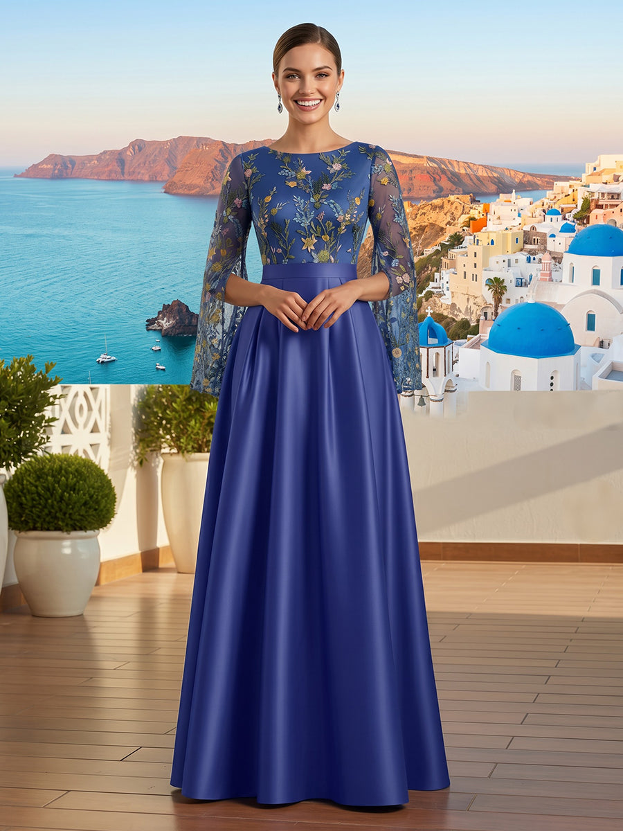 Jacquard Long Sleeves A Line Round Neck Long Formal Dresses