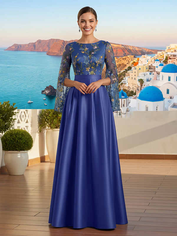 Jacquard Long Sleeves A Line Round Neck Long Formal Dresses