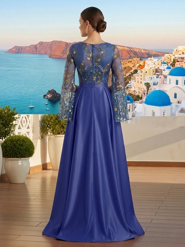 Jacquard Long Sleeves A Line Round Neck Long Formal Dresses
