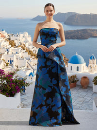 Jacquard Strapless Ruffles A Line Long Formal Dresses
