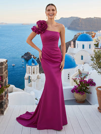 Satin Mermaid One Shoulder Sleeveless Long Formal Dresses with Flower