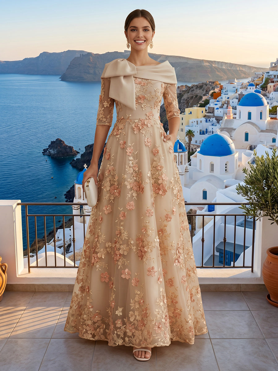 Lace Appliques Short Sleeves A Line Round Neck Long Formal Dresses with Bow