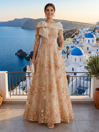 Lace Appliques Short Sleeves A Line Round Neck Long Formal Dresses with Bow