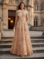 Lace Appliques Short Sleeves A Line Round Neck Long Evening Dresses with Bow