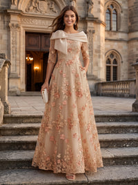 Lace Appliques Short Sleeves A Line Round Neck Long Evening Dresses with Bow