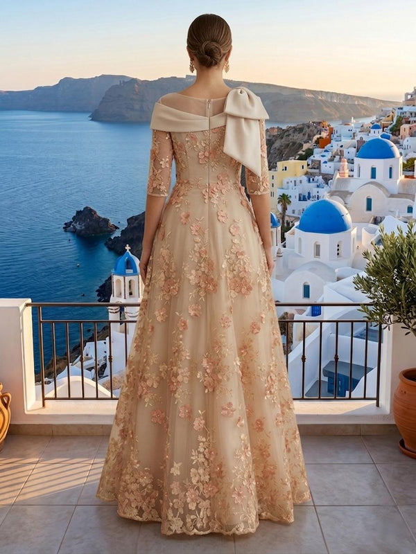 Lace Appliques Short Sleeves A Line Round Neck Long Evening Dresses with Bow