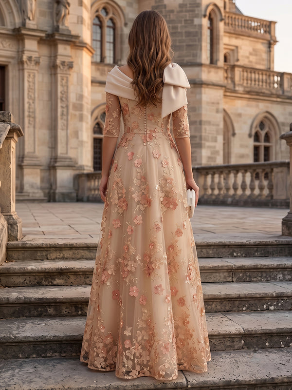 Lace Appliques Short Sleeves A Line Round Neck Long Evening Dresses with Bow