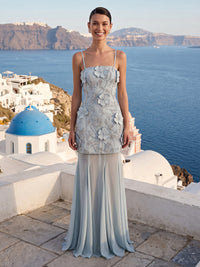 Chiffon A Line Strapless Spaghetti Straps Long Formal Dresses with Flower