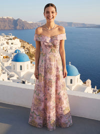 Floral Print A Line V Neck Off Shoulder Long Formal Dresses
