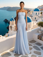Chiffon Strapless A Line Ruched Long Formal Dresses with Pleated