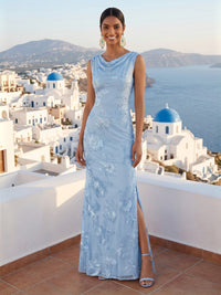 Lace Appliques Cowl Neck Sleeveless Long Formal Dresses with Slit