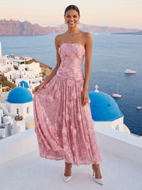 Sequin Strapless A Line Tea Length Formal Dresses with Flower