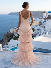 Tulle Mermaid Square Neck Spaghetti Straps Long Formal Dresses with Train