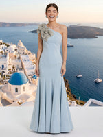Satin One Shoulder Mermaid Sleeveless Long Formal Dresses with Flower