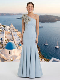 Satin One Shoulder Mermaid Sleeveless Long Formal Dresses with Flower