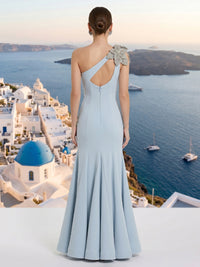 Satin One Shoulder Mermaid Sleeveless Long Formal Dresses with Flower