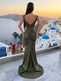 Satin Mermaid Long V Neck Spaghetti Straps Formal Dresses with Train