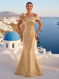 Satin Mermaid Off Shoulder Long Formal Dresses with Flower