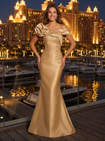 Satin Mermaid Off Shoulder Long Evening Dresses with Flower