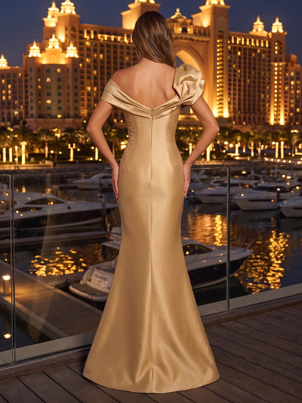 Satin Mermaid Off Shoulder Long Evening Dresses with Flower