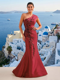 Satin Mermaid One Shoulder Long Formal Dresses with Lace Appliques