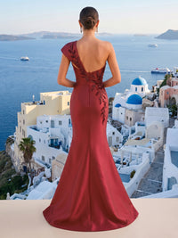 Satin Mermaid One Shoulder Long Formal Dresses with Lace Appliques