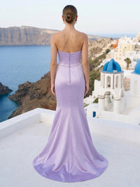 Satin Mermaid Strapless Long Formal Dresses with Flower
