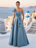 Satin One Shoulder A Line Sleeveless Long Formal Dresses