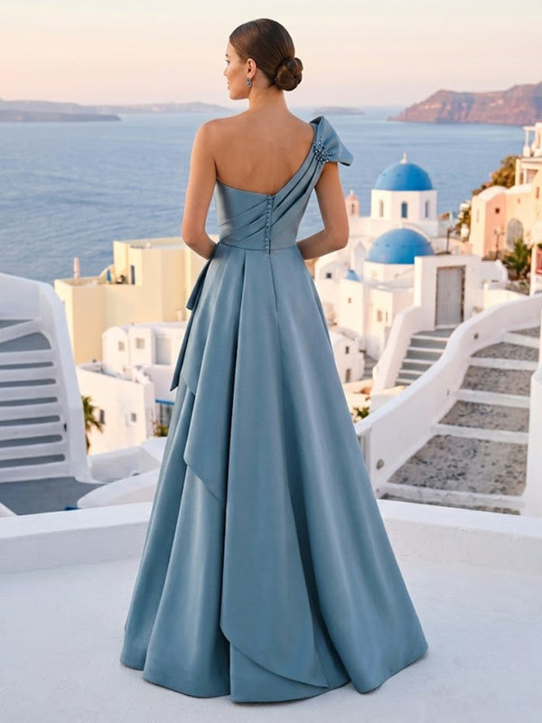 Satin One Shoulder A Line Sleeveless Long Formal Dresses