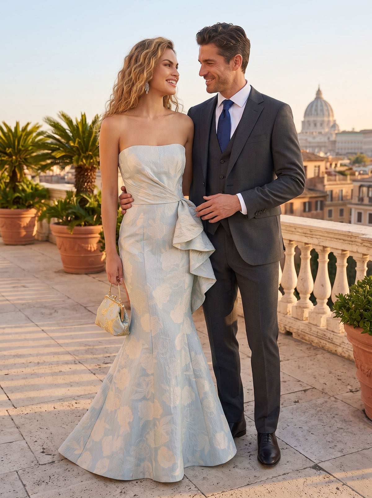 Jacquard Mermaid Long Strapless Sheath Formal Dresses with Ruffles
