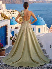Satin Lace Appliques Mermaid One Shoulder Long Formal Dresses with Train