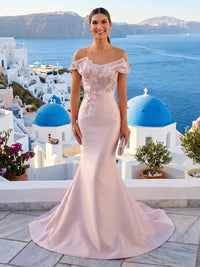 Satin Lace Appliques Mermaid Off Shoulder Long Formal Dresses