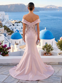 Satin Lace Appliques Mermaid Off Shoulder Long Formal Dresses