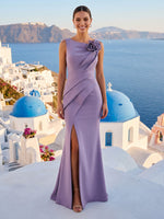 Satin Mermaid Boat Neck Sheath Long Formal Dresses with Flower