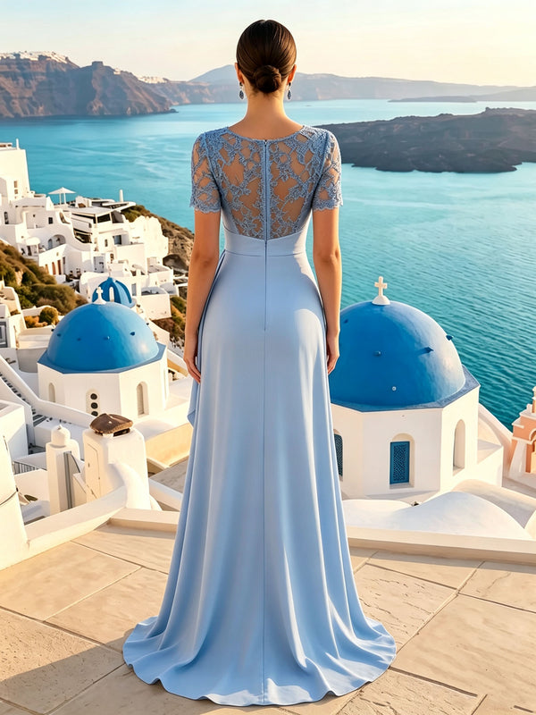 Satin Lace Appliques Mermaid Short Sleeves Long Formal Dresses