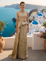 Satin Round Neck Cap Sleeves Long Evening Dresses with Pleated