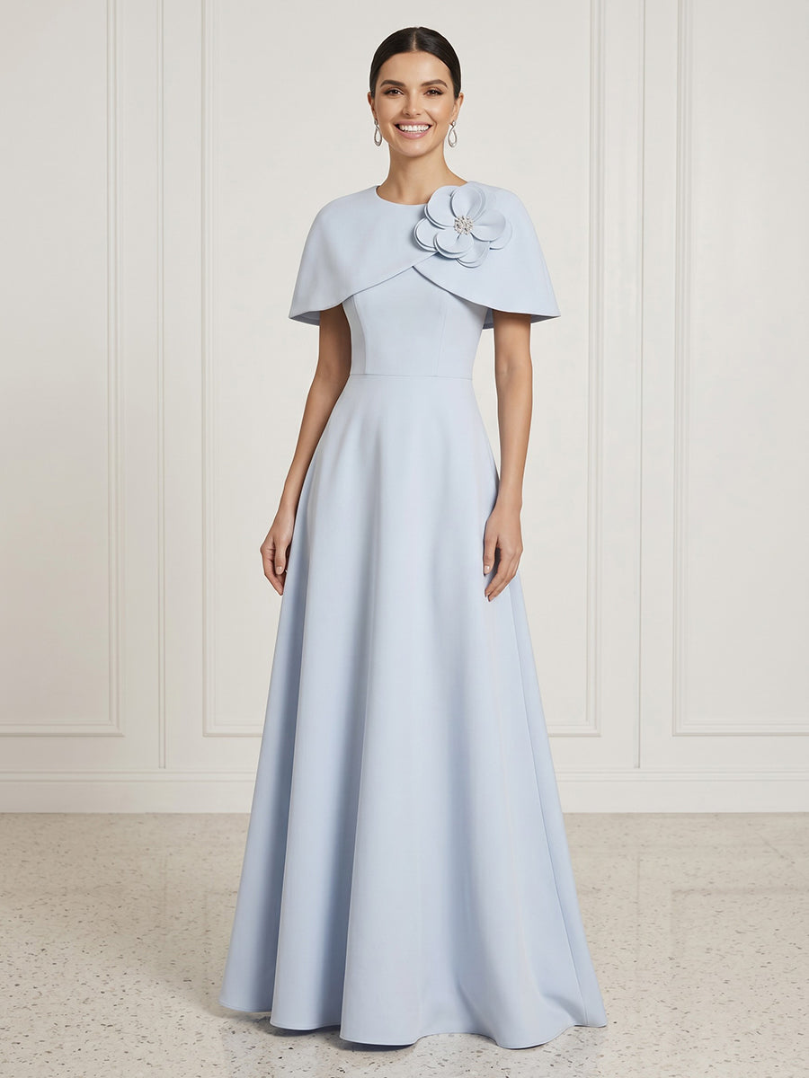 Satin Round Neck A Line Cap Sleeves Long Formal Dresses with Flower